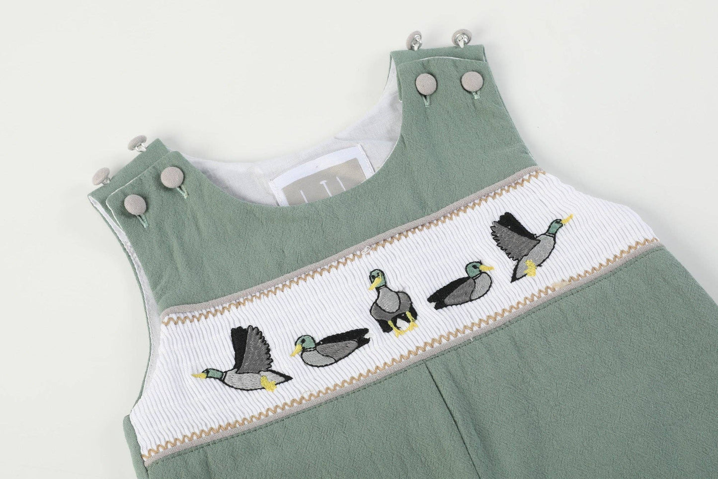 Sage Green Mallard Smocked Overalls