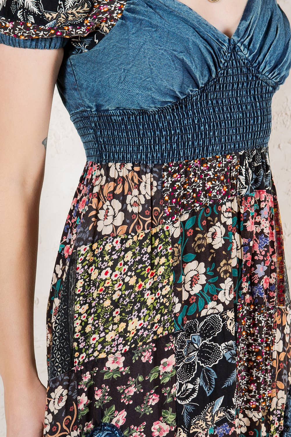Ruffled Asym Hem Midi Dress with Denim Inserts