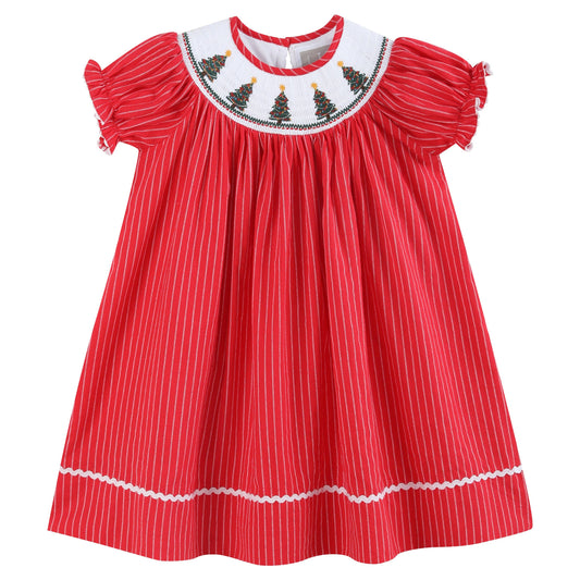 Red Christmas Tree Smocked Bishop Dress