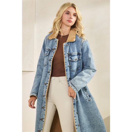 Teddy Lined Long Denim Jacket