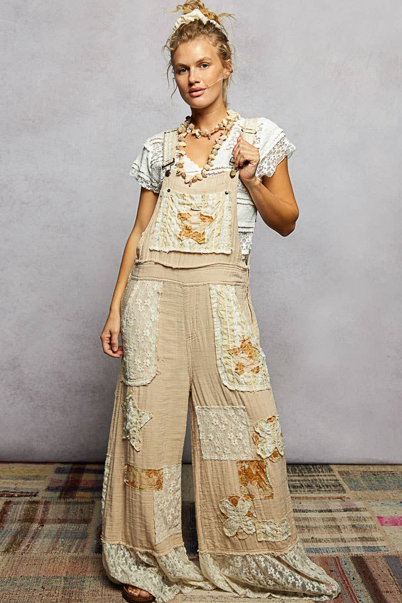 Double Gauze Lace Contrast Side Zipper Patchwork Overalls