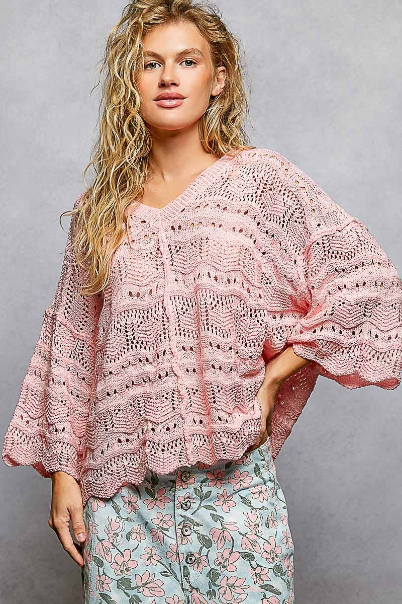 Open Knit V-Neck Oversized Short Sleeve Sweater