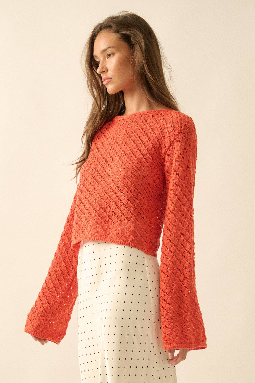 Crochet-Knit Bell-Sleeve Cropped Sweater