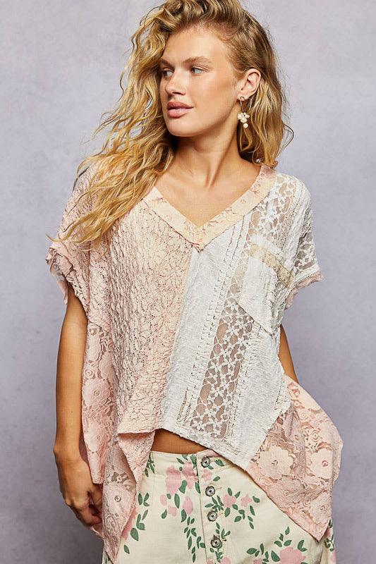 Patchwork Lace Oversized V-Neck Raw Edge Top
