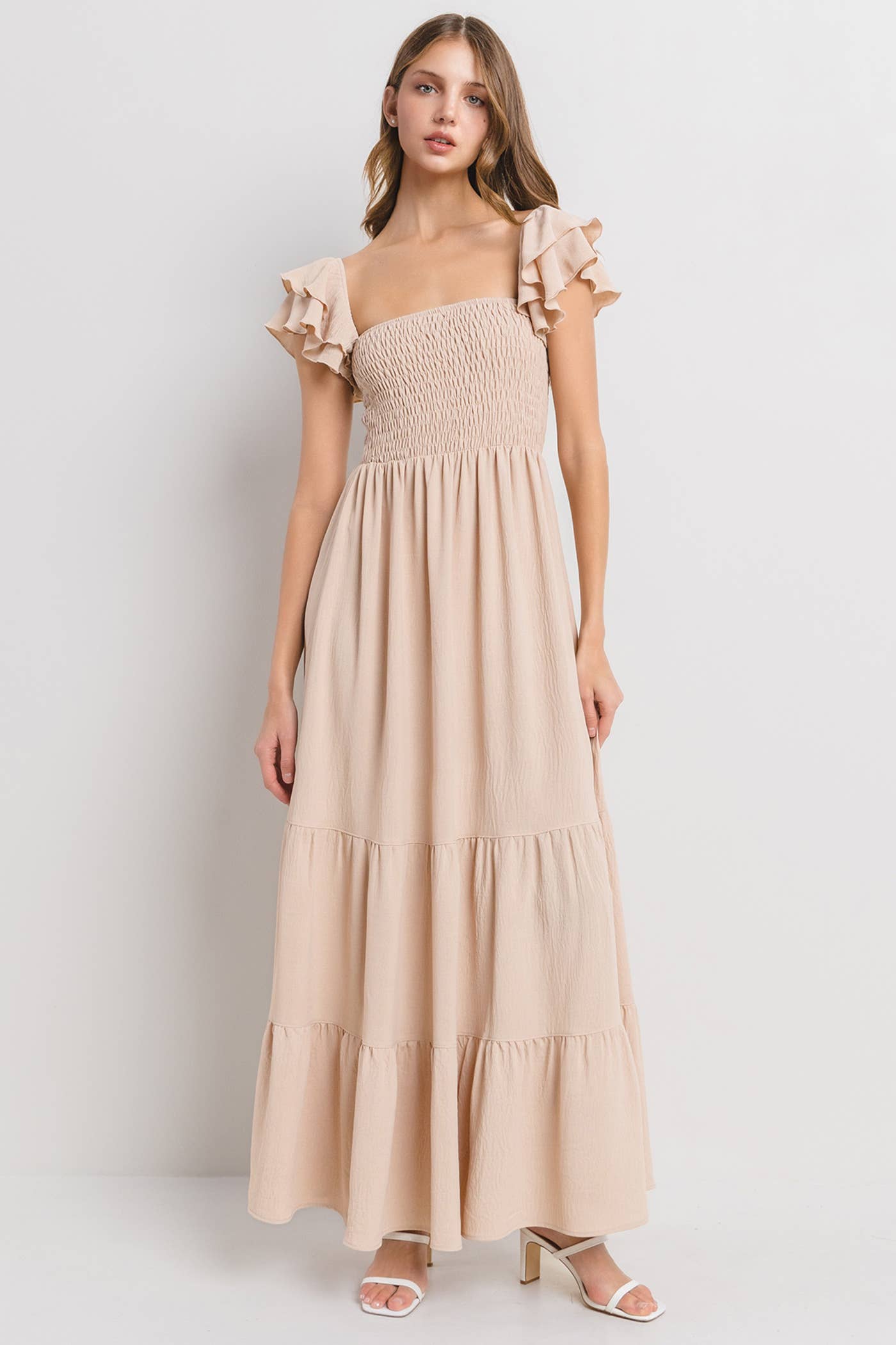 Solid Flared Sleeve Long Tiered Dress