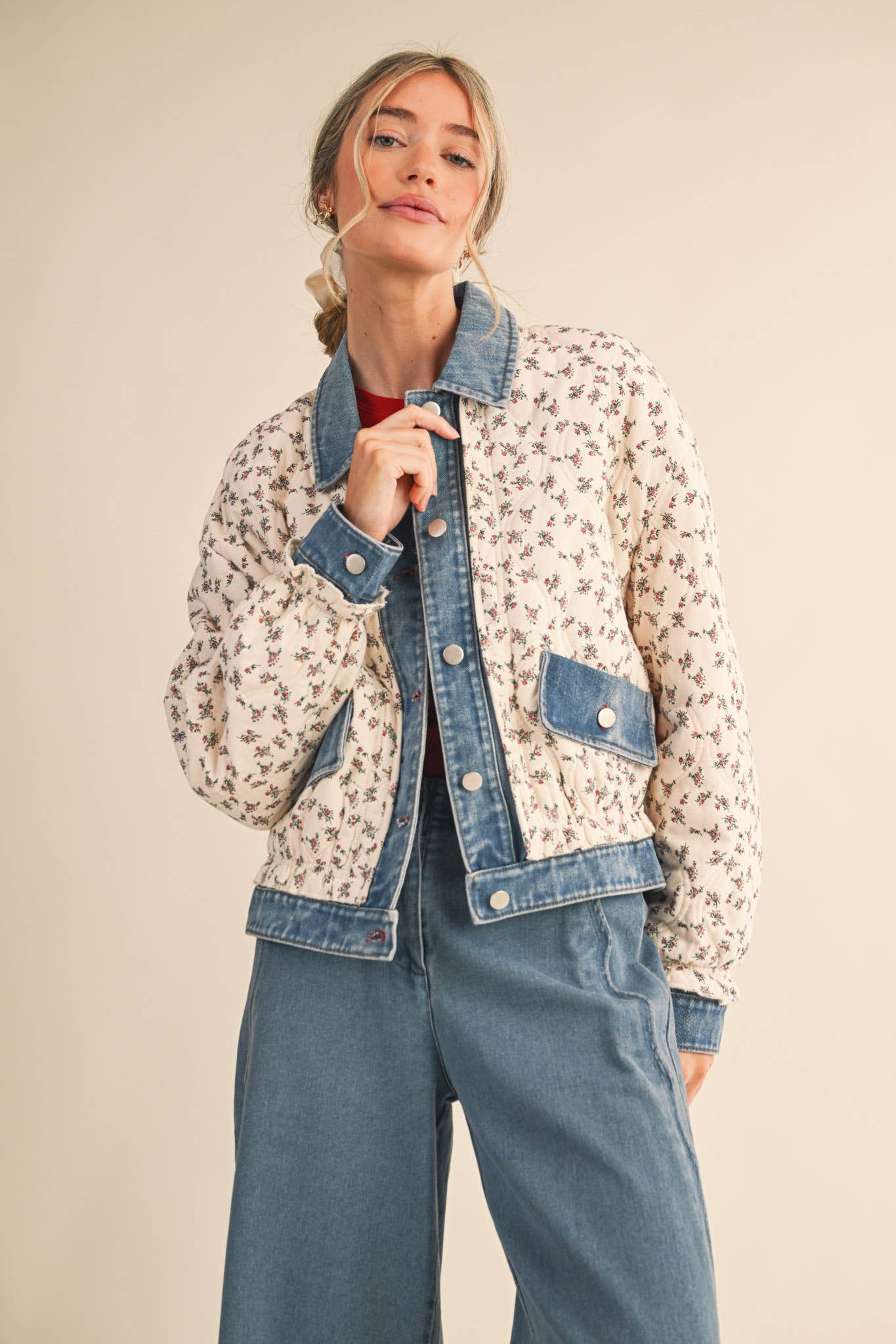 Floral Quilted Jacket With Denim Contrast