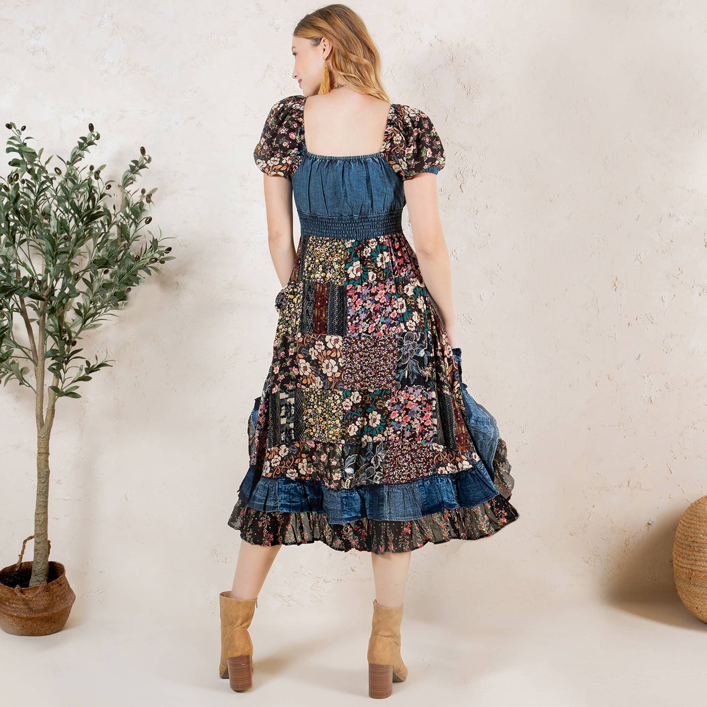 Ruffled Asym Hem Midi Dress with Denim Inserts