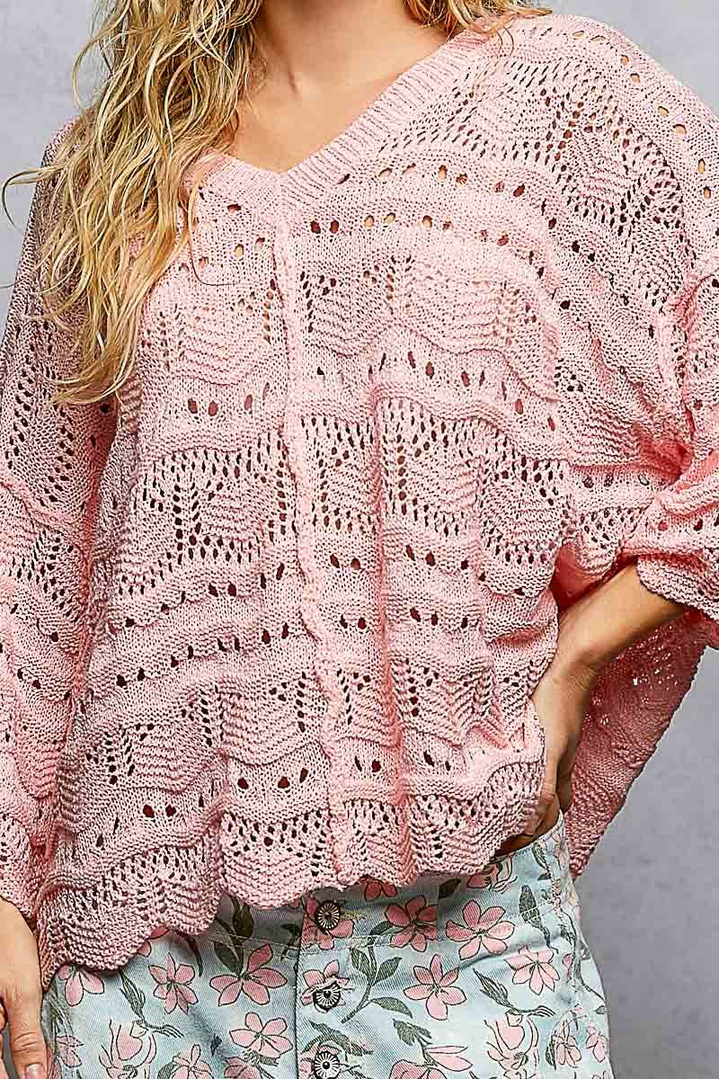 Open Knit V-Neck Oversized Short Sleeve Sweater