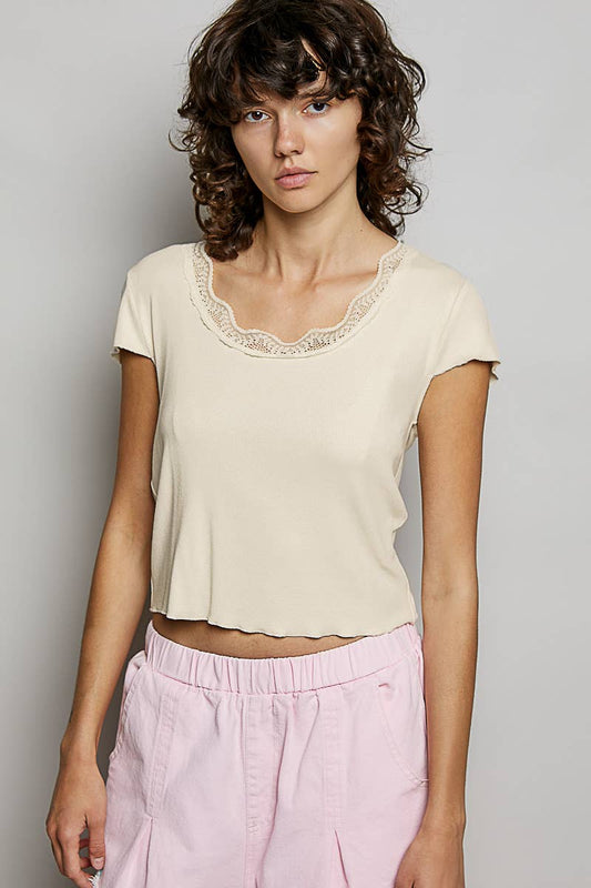 Round Neck Short Sleeve Lace Neckline Solid Rib Top