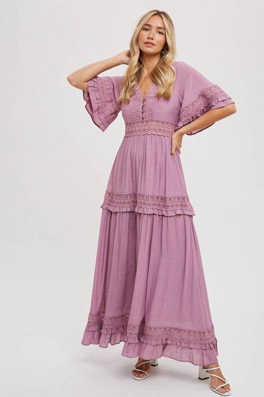 V-NECK LACE TRIM MAXI DRESS