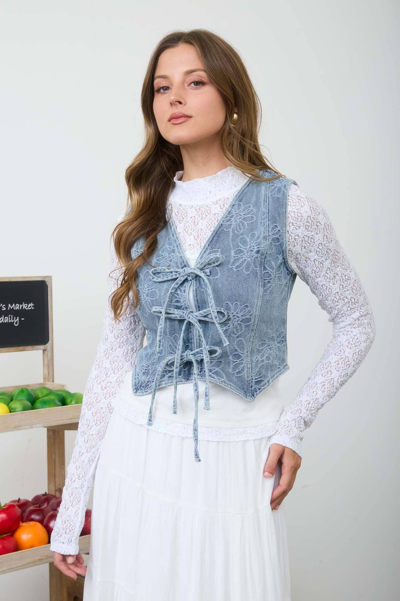 Floral Washed Denim Vest