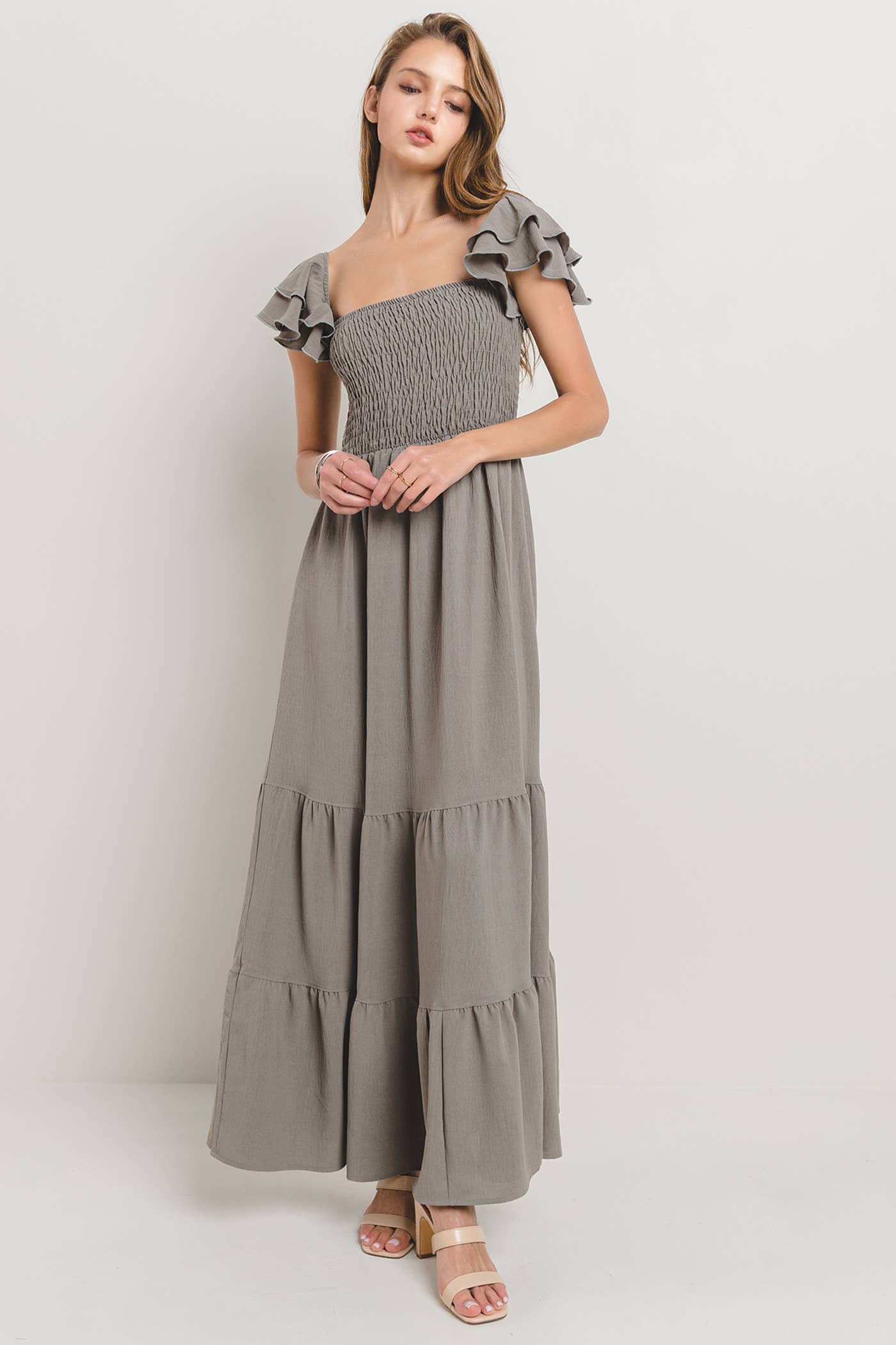 Plus Solid Flared Sleeve Long Tiered Dress