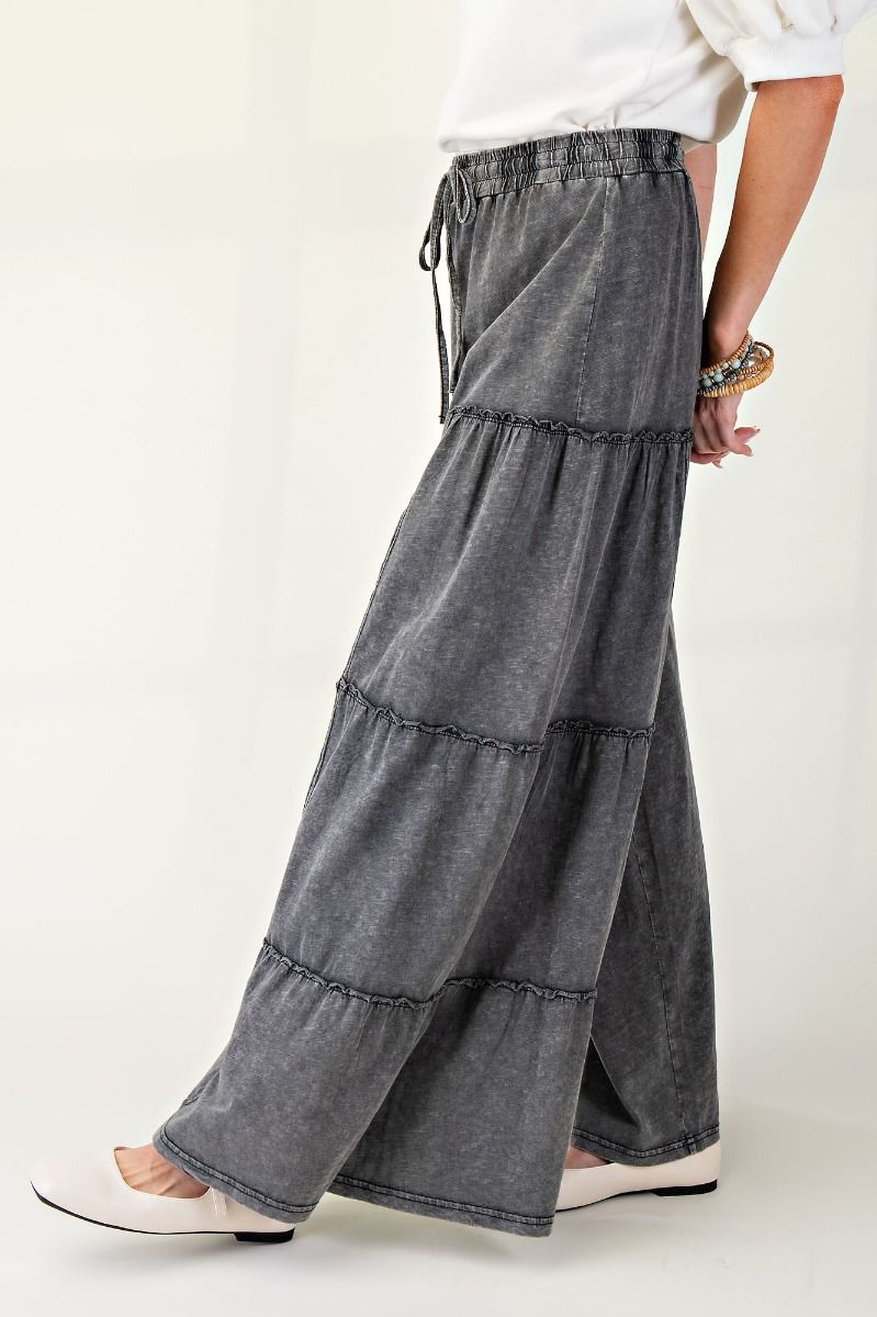 Black Mineral Washed Tiered Pants