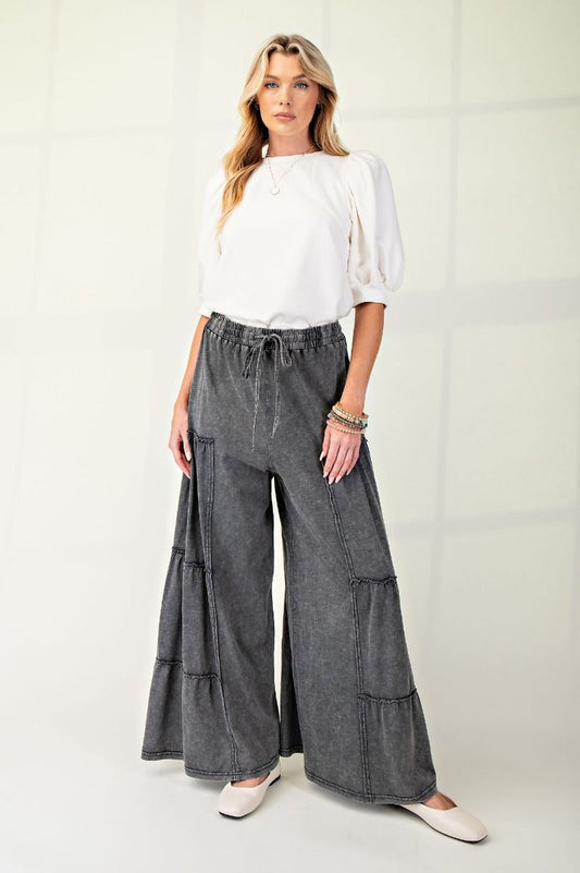 Black Mineral Washed Tiered Pants