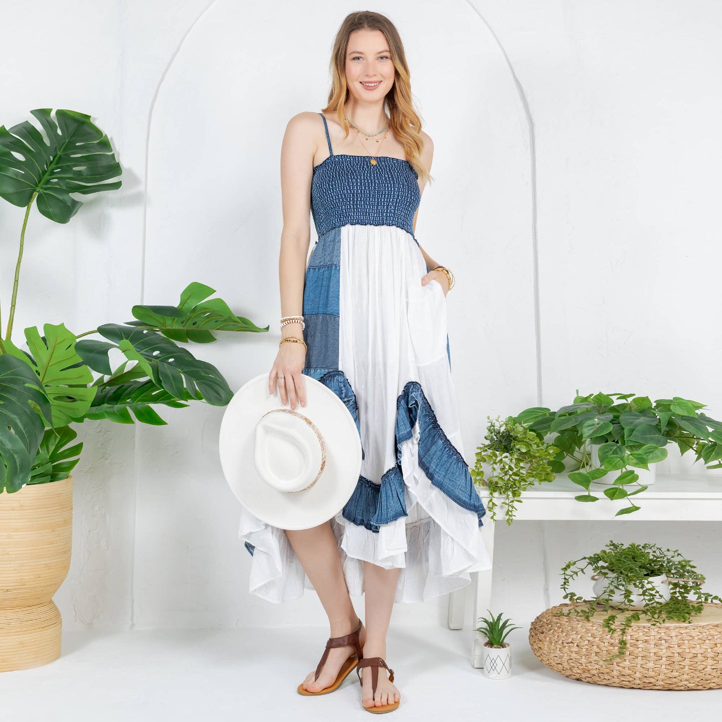 Ruffled Midi Dress with Denim Inserts