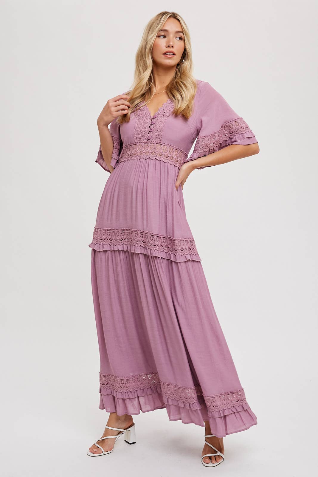 V-NECK LACE TRIM MAXI DRESS