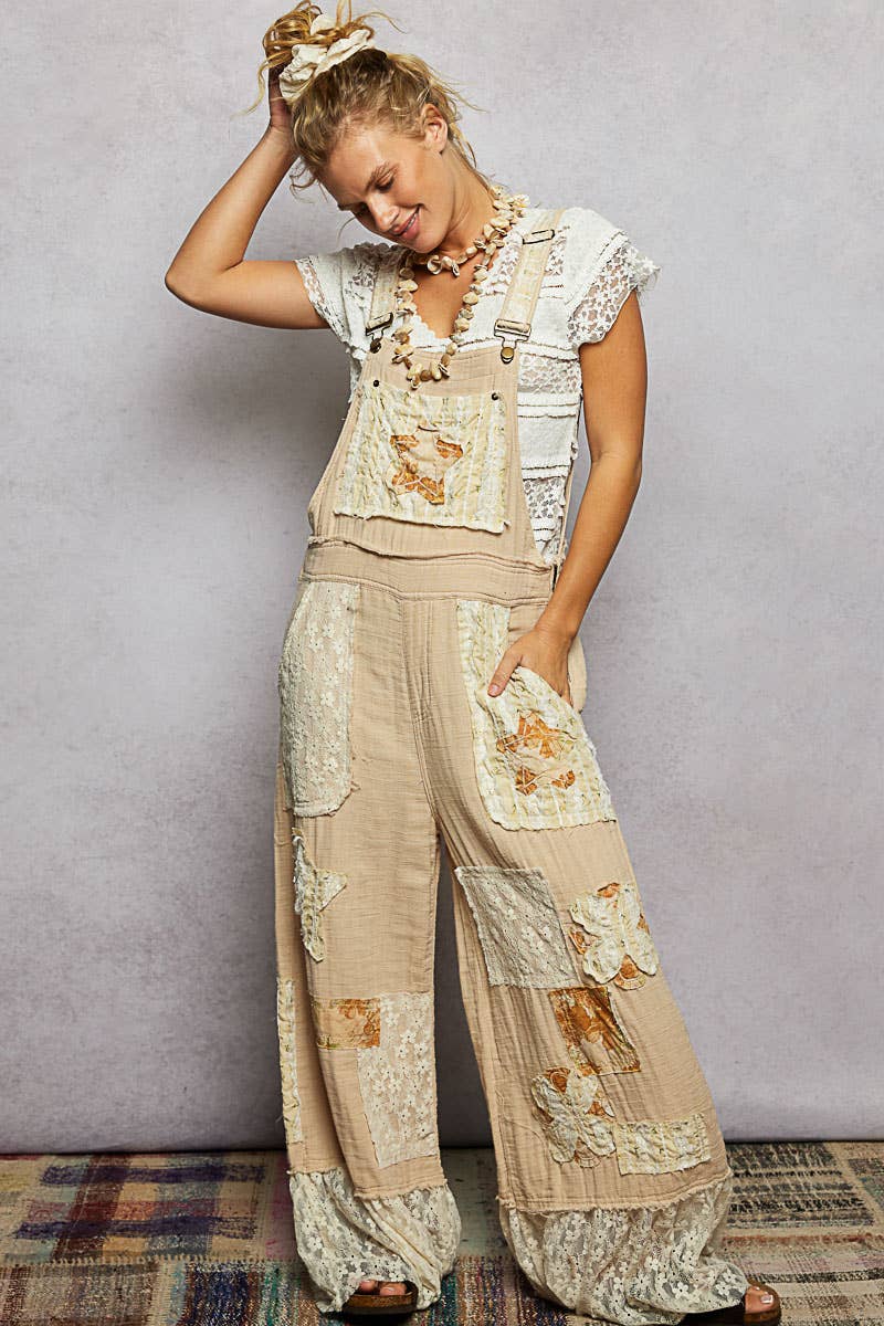 Double Gauze Lace Contrast Side Zipper Patchwork Overalls