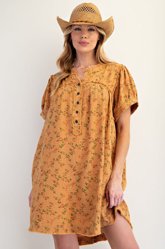 Mustard Floral Printed Gauze Mineral Wash Dress