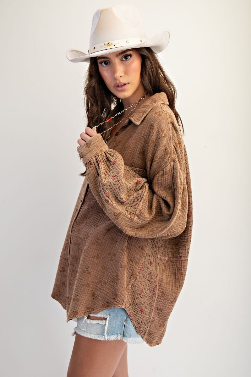 Mocha Floral Print Gauze Washed Shirt