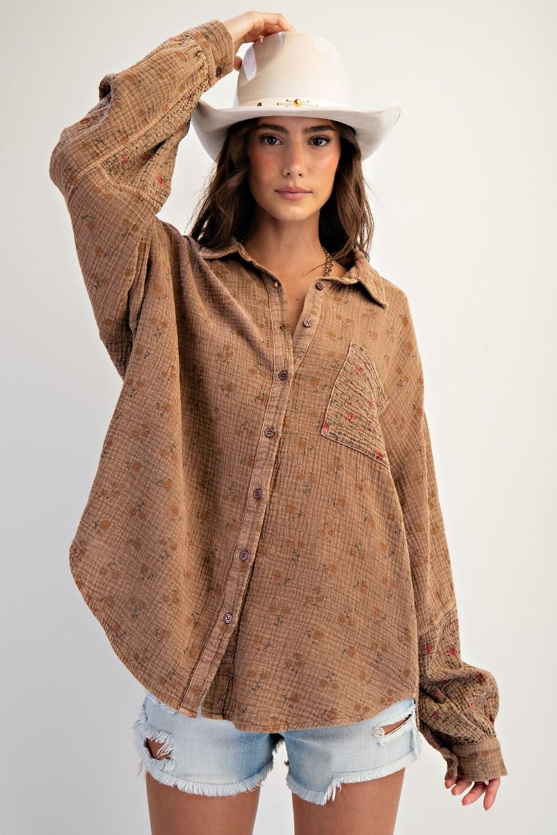 Mocha Floral Print Gauze Washed Shirt