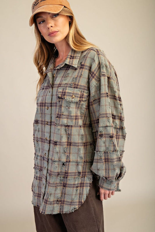 Oversized Dusty Sage Distressed Washed Flannel
