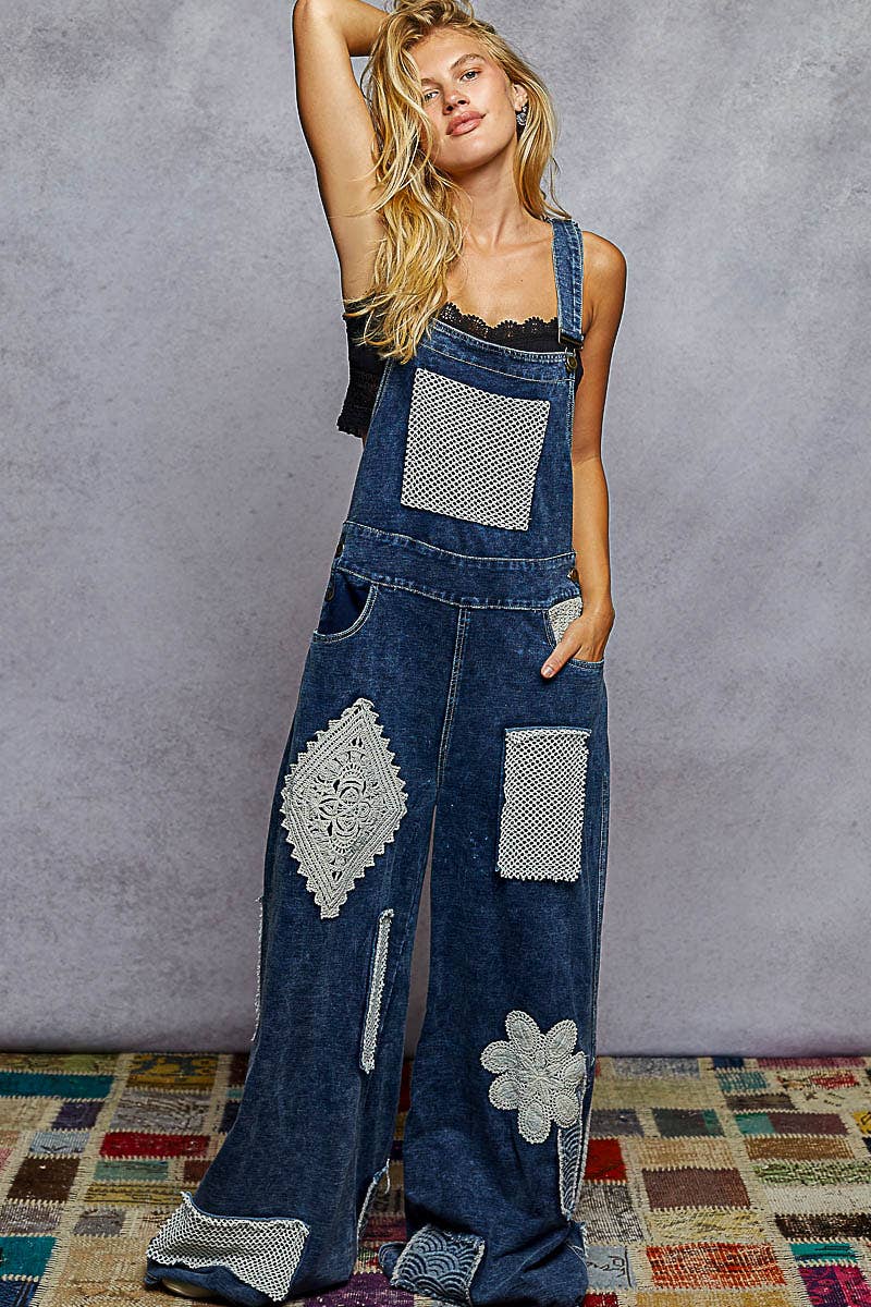 Indigo Denim Crochet Patch Overalls