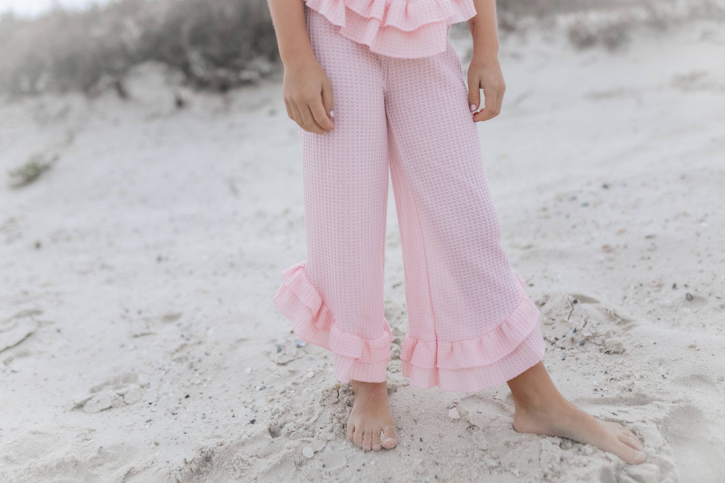 Kids Pink Ruffle Waffle Knit Spring Summer  Set