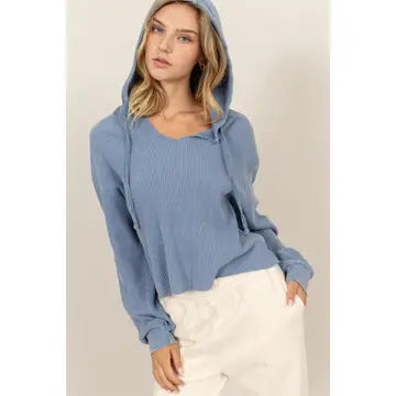 Cropped Ribbed Knit Hoodie