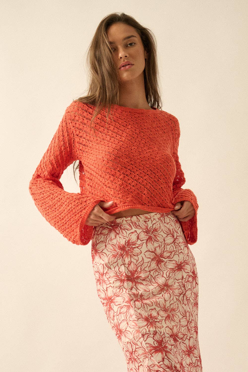 Crochet-Knit Bell-Sleeve Cropped Sweater