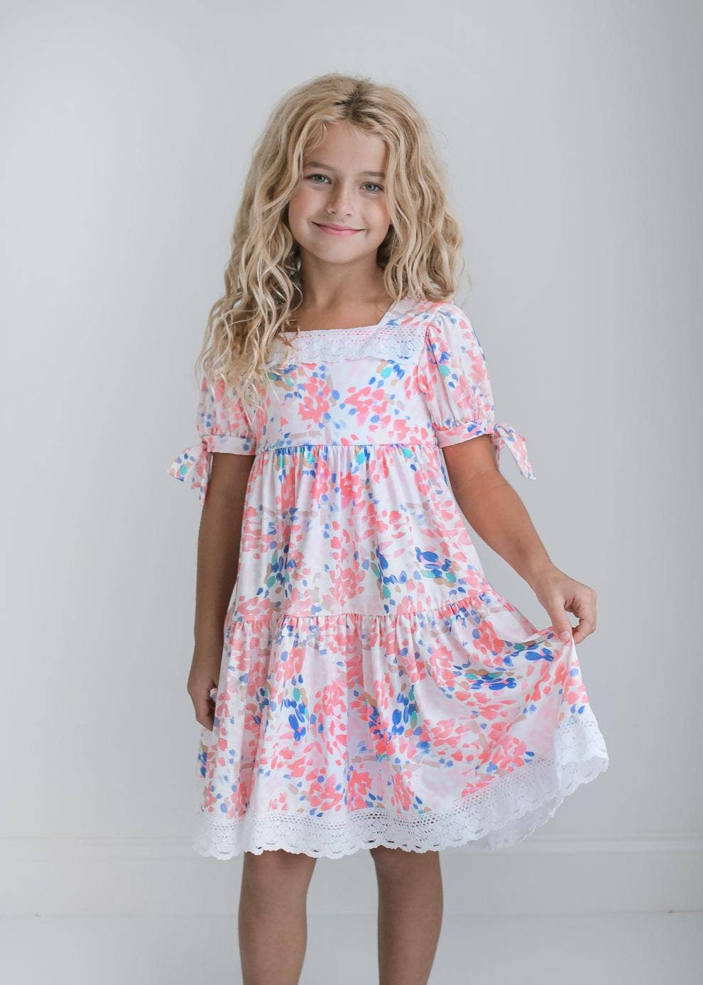 Kids Pink & Blue Lace Tiered Square Neck Spring Easter Dress