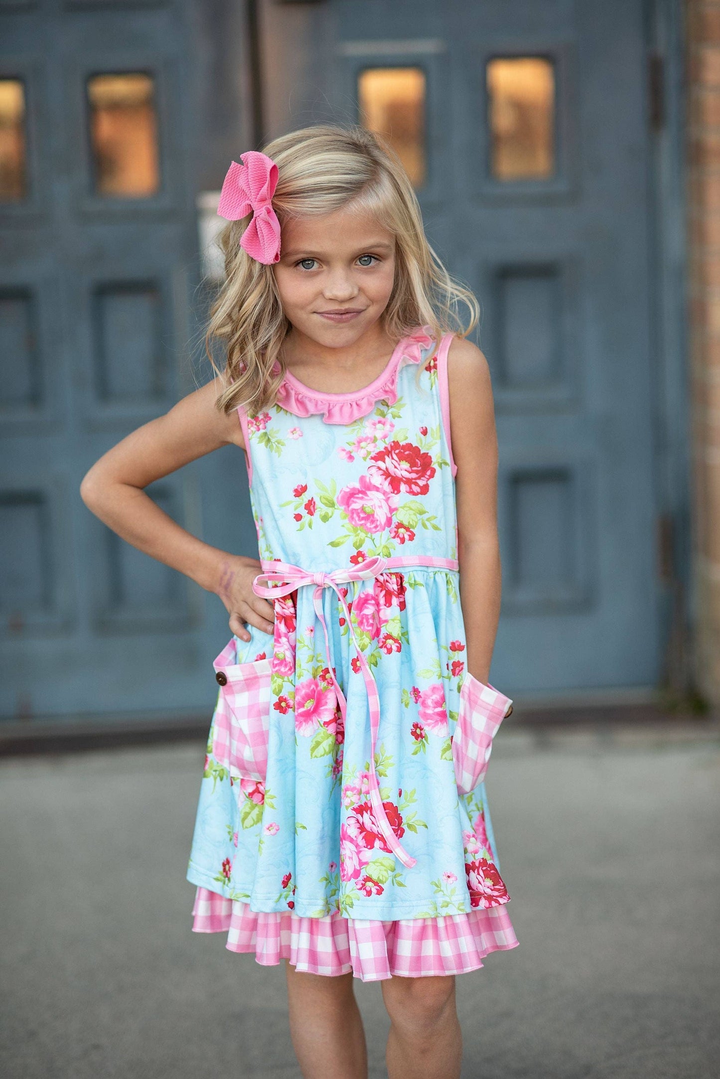 Kids Pink & Blue Floral Gingham Check Pocket Ruffle Dress