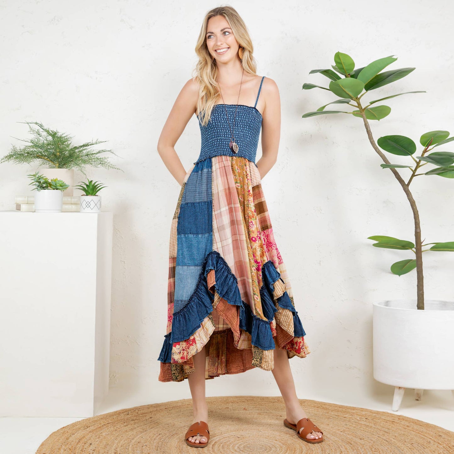 Ruffled Midi Dress with Denim Inserts