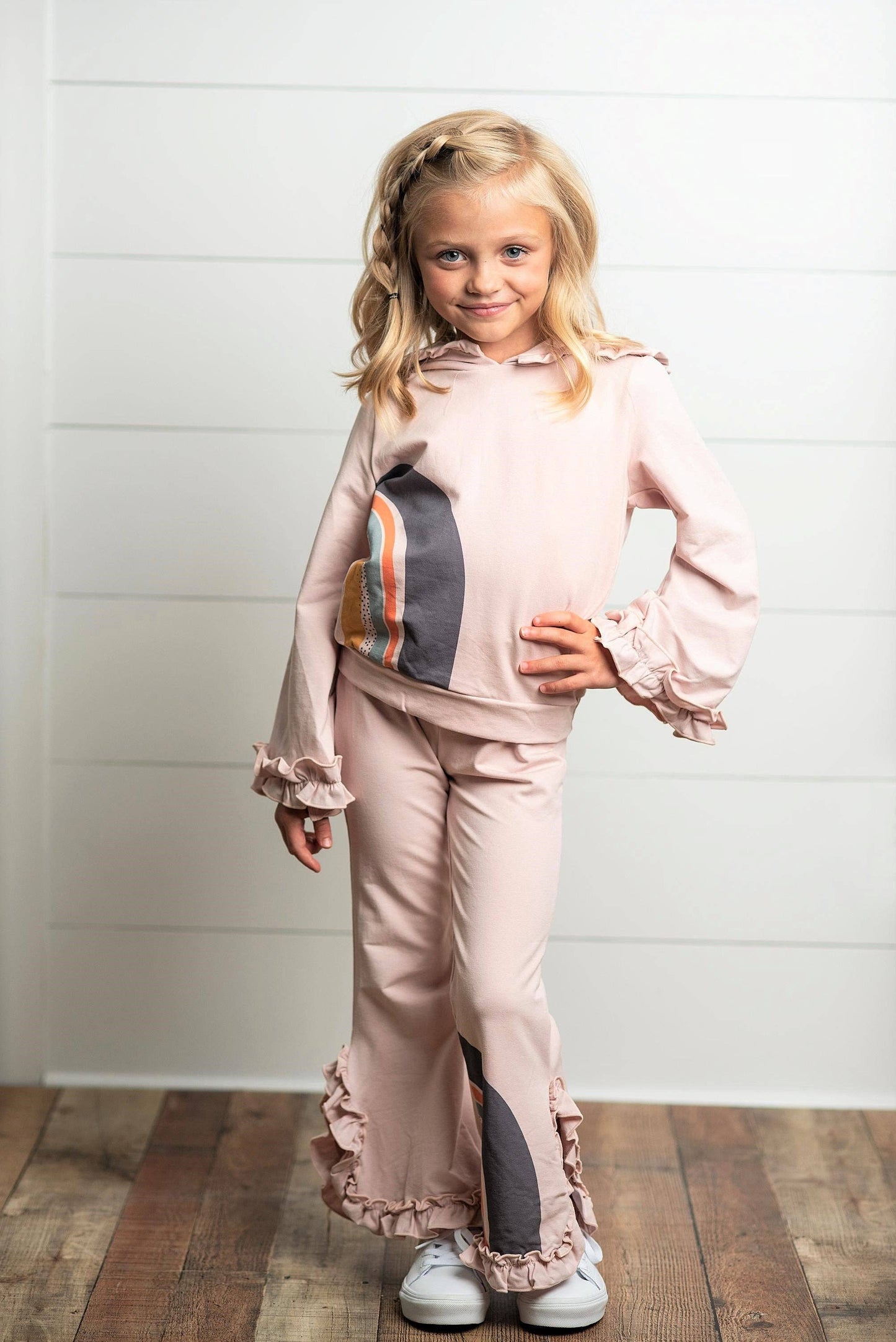 Girls Blush Pink Rainbow Hooded Sweatsuit Lounge Set