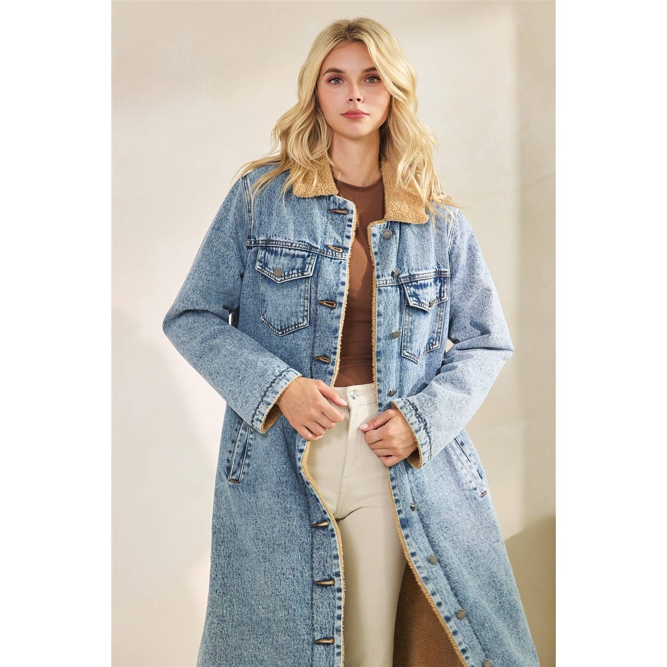 Teddy Lined Long Denim Jacket