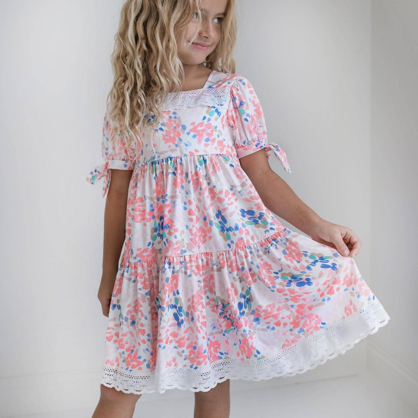 Kids Pink & Blue Lace Tiered Square Neck Spring Easter Dress