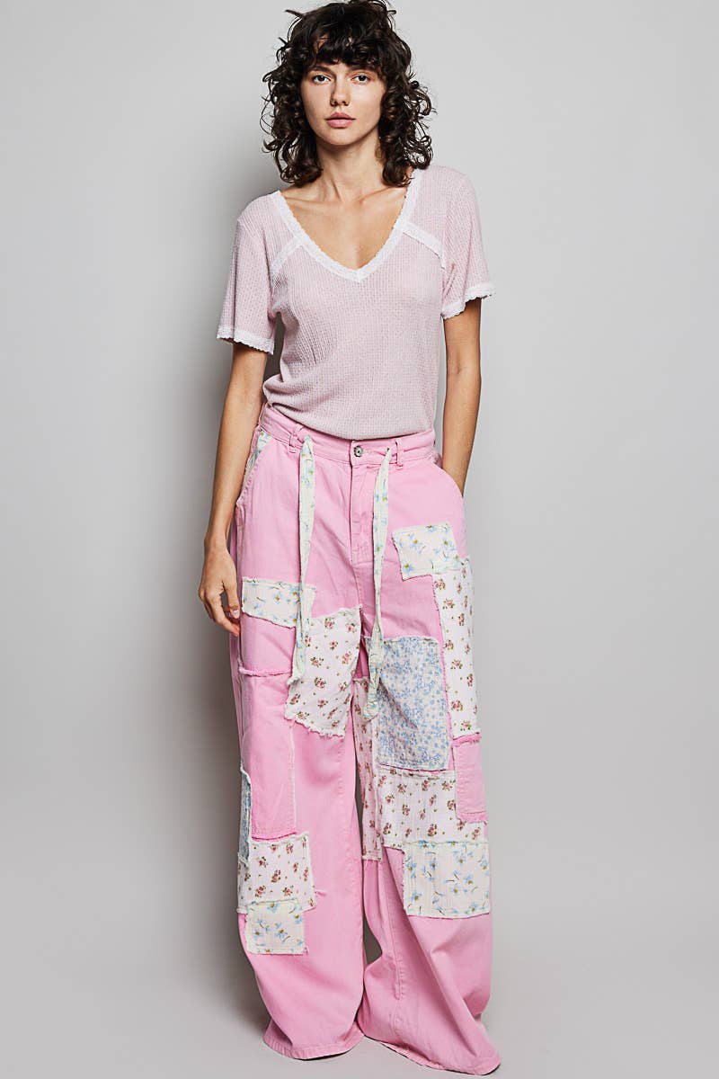 Patchwork Detail Denim Straight Fit Pants