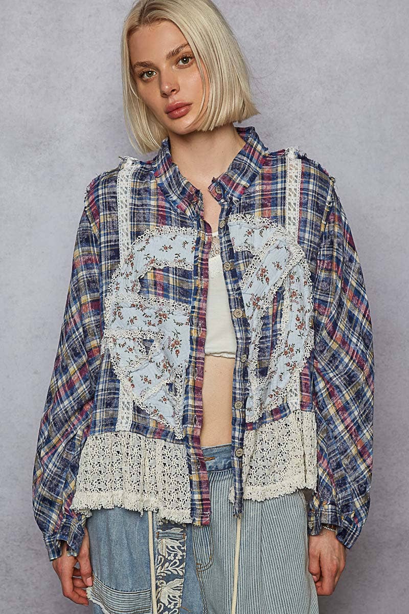 Plaid Pattern Peace Patch Shirt