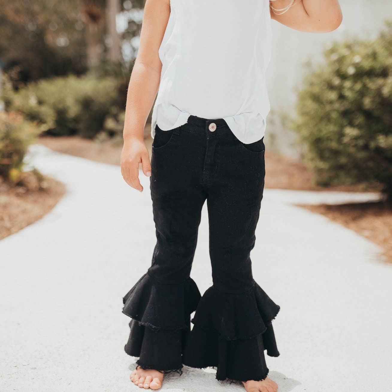 Kids Black Denim Double Ruffle Jeans