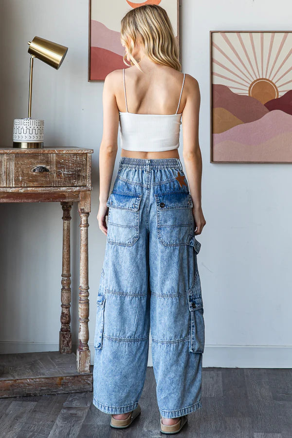 Denim Wide Leg Cargo Pants
