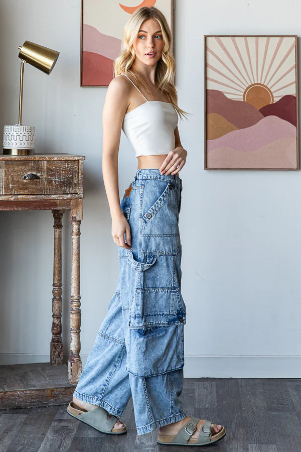 Denim Wide Leg Cargo Pants