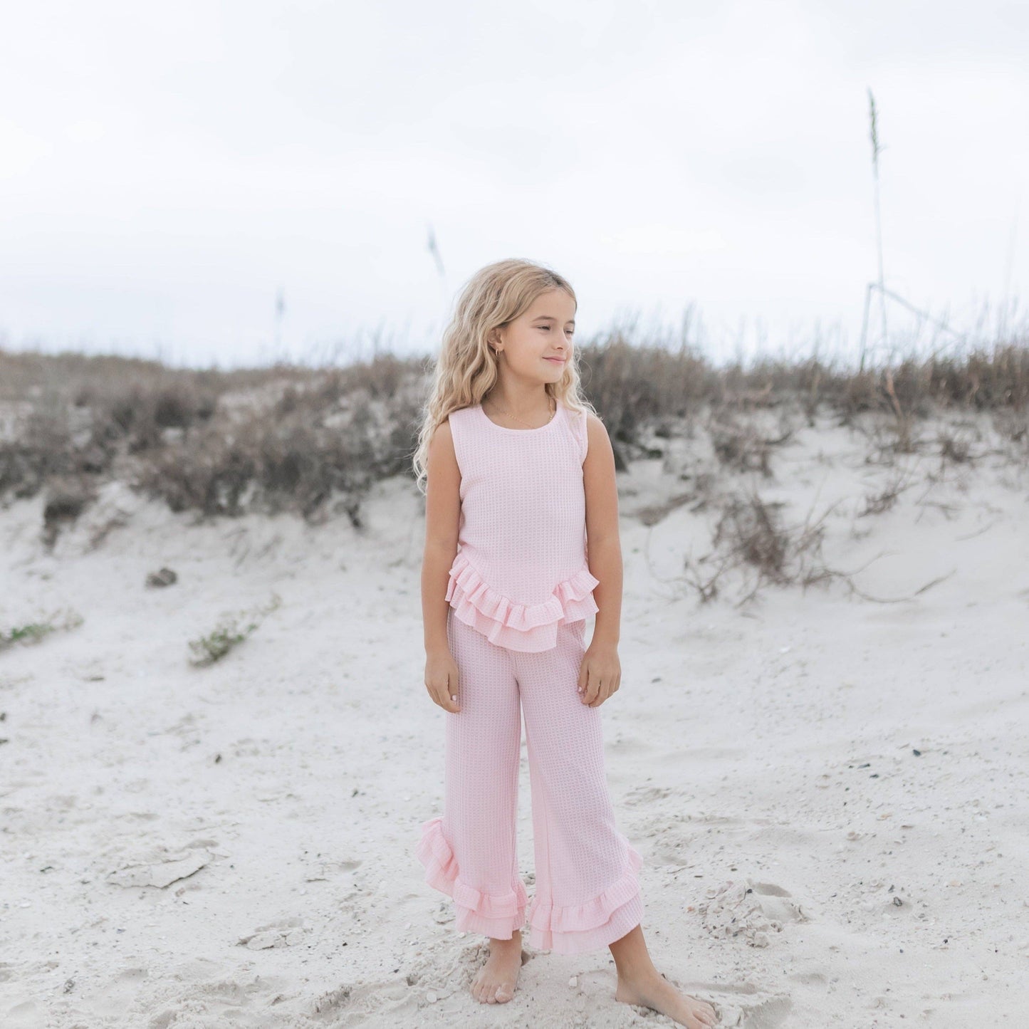 Kids Pink Ruffle Waffle Knit Spring Summer  Set