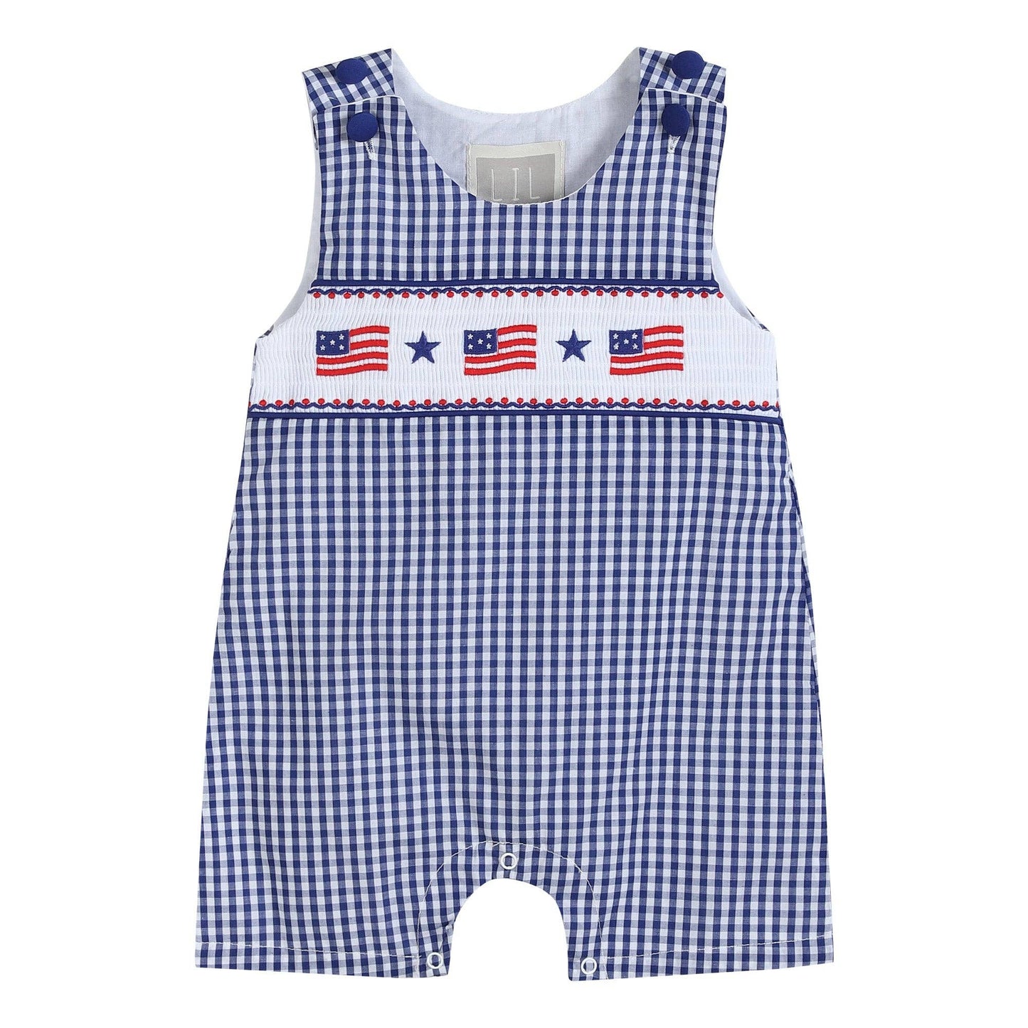 Royal Blue Gingham American Flag Smocked Shortalls