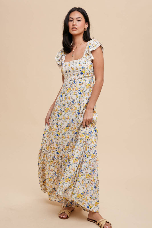 Viscose Floral Square Neck Maxi Dress