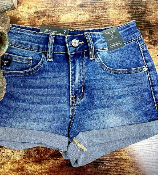 Girls Dark Wash Shorts W Cuff Hem