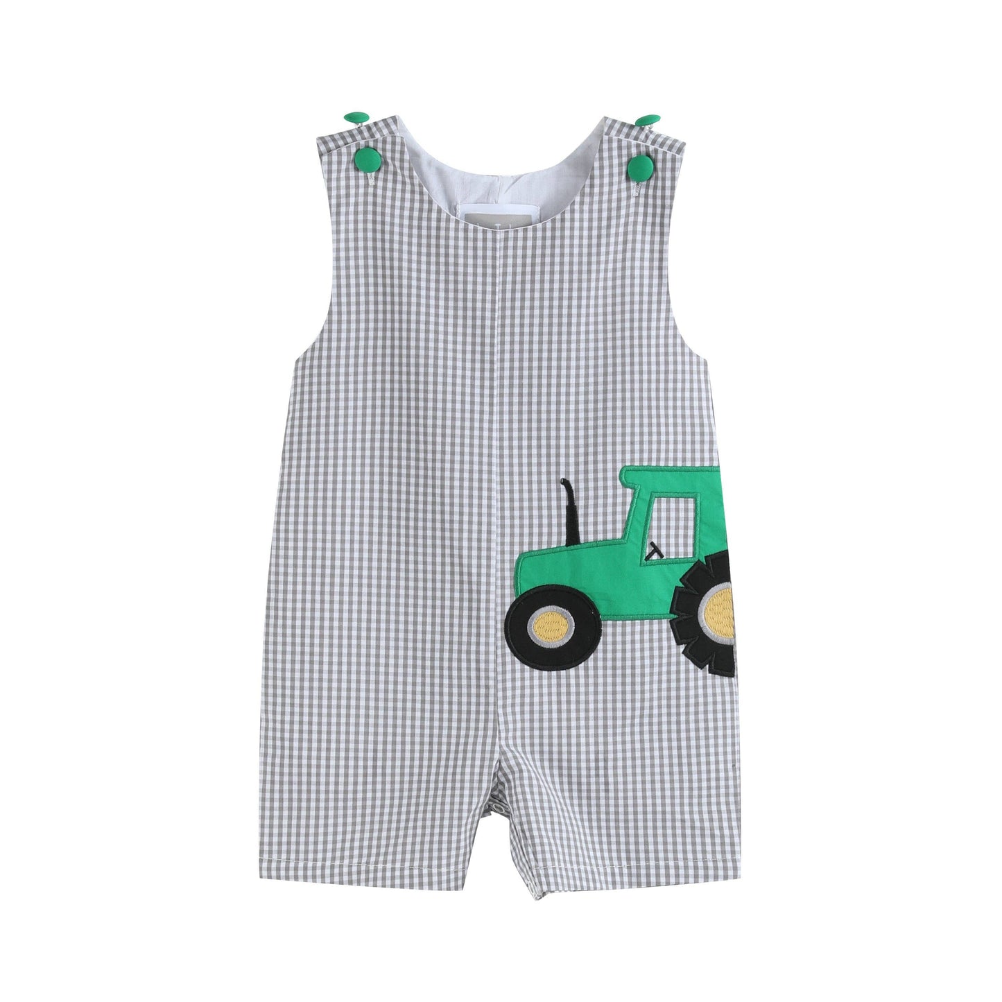 Gray Gingham Green Tractor Applique Shortalls