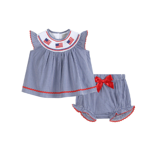 Blue USA Flag Smocked Top and Bloomer Set