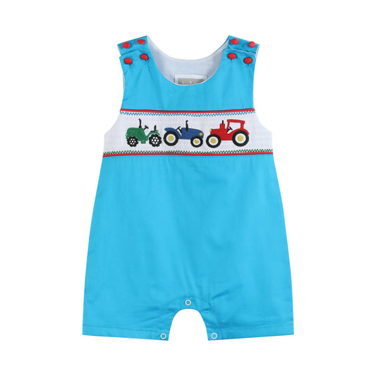 Blue Tractor Smocked Shortalls