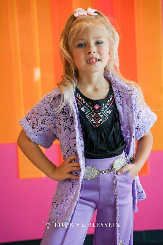 Girls Lavender Button Down Crochet Top