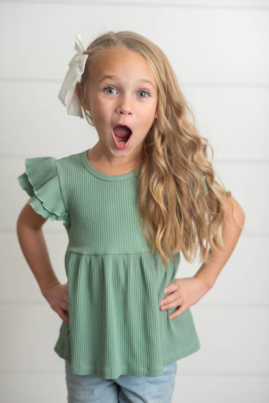 Kids Sea Green Double Ruffle Flutter Sleeve Spring Shirt