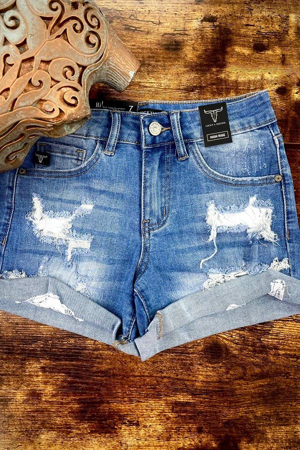 Girls Mid Wash Denim Shorts W Lace Patch Insert